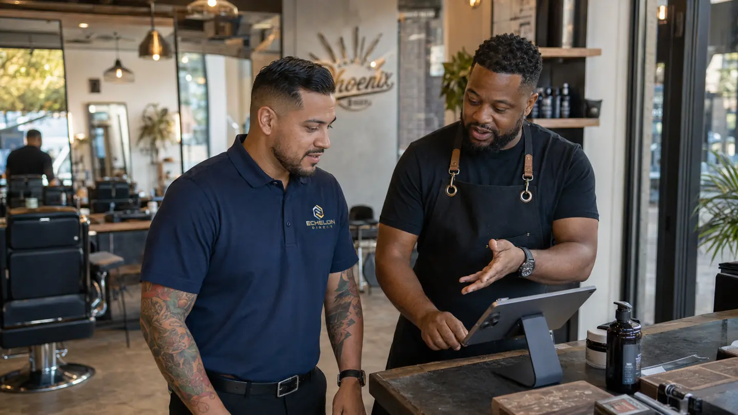 An Echelon field professional meeting a local barbershop merchant