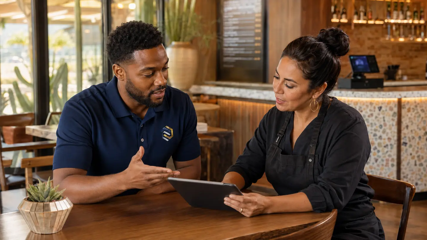 An Echelon Direct advisor reviewing a merchant's business needs