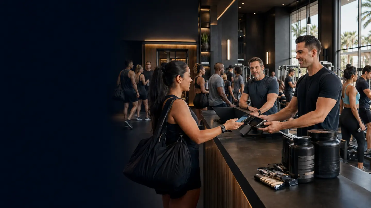 A merchant serving customers in a premium gym at peak hour